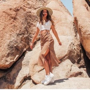 Tan polka dot midi skirt from DISSH boutique